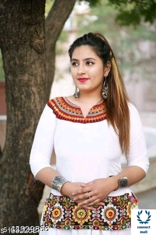 Stylish RETRO Women Ethenic Embroidered Rayon Skirts And Tops - M, White